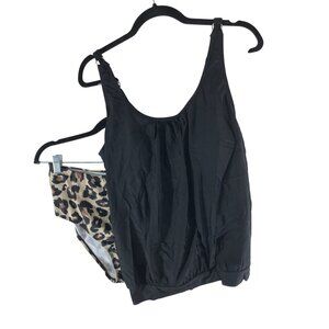 Yonique Tankini Set Gathered Hem Shelf Bra Removable Cups Brief Leopard Black L